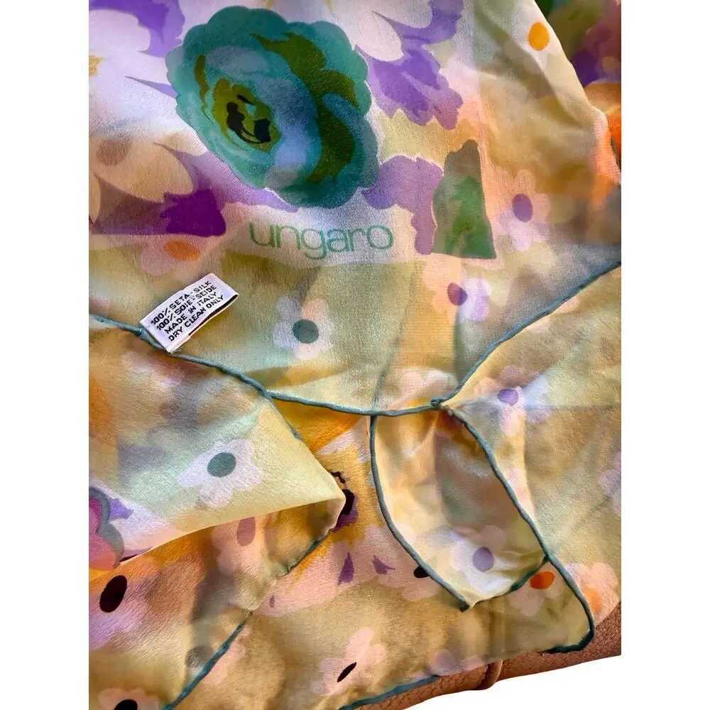 Vintage Ungaro Silk Floral Scarf 1990s Purple Green Yellow Square 34x34